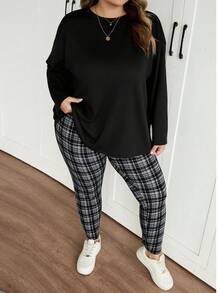 SHEIN CURVE+ 2 件套女士加大码法式返校运动装，简约纹理紧身裤和长袖上衣套装/秋冬 - 彩色 - 查看 2
