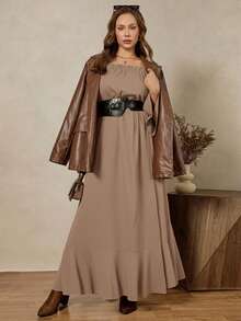 Zelara Vestido de moda de manga larga con cuello cuadrado y abertura lateral para mujer de talla grande - Albaricoque 2 - Ver 5