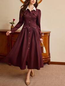 Vintamour Váy nữ cổ điển thanh lịch, mùa thu/đông, ôm sát, cổ áo màu tương phản, nắp túi trang trí, nút kim loại, váy dài tay màu đỏ rượu - Màu Đỏ Sâu - Xem 1