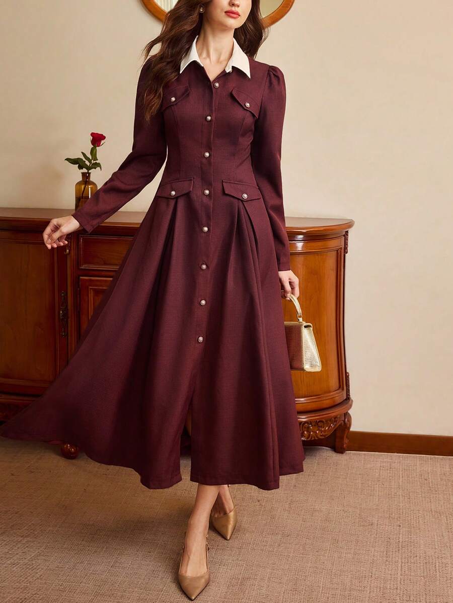 Vintamour Váy nữ cổ điển thanh lịch, mùa thu/đông, ôm sát, cổ áo màu tương phản, nắp túi trang trí, nút kim loại, váy dài tay màu đỏ rượu - Màu Đỏ Sâu - Xem 1