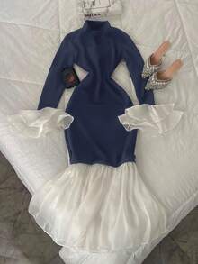 INAWLY Plus Size Color Block Mesh Patchwork Fitted Elegant Long Sleeve Dress - Navy Blue - View 1