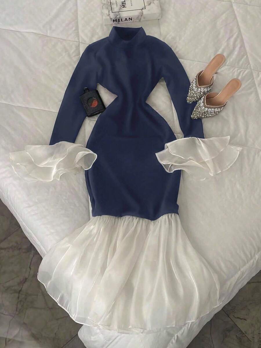 INAWLY Plus Size Color Block Mesh Patchwork Fitted Elegant Long Sleeve Dress - Navy Blue - View 1