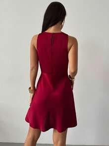 Firerie Elegant Red Sleeveless Mini Tank Dress With Draped Round Neck And Semi-Sheer Detail For Women - Red - View 3