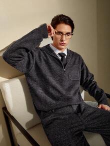 Manfinity Homme 男士休闲半拉链高领长袖毛衣，灰色，秋冬休闲拉链高领毛衣