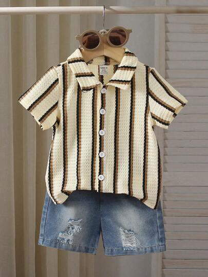 SHEIN Playful Pals 2pcs/Set Baby Boy Casual Short Sleeve Shirt With Distressed Denim Jeans Baby Button Up Shirt Baby Boy Striped Short Sleeve Shirt And Shorts Set Baby Boy Striped Shirt Toddler Striped Shirt Baby Collared Shirt Baby Boy Striped Collared Shirt And Shorts Set Boys Outfit Sets Baby Casual Sets Boy Summer Sets Boy Clothes Toddler Boy Outfit