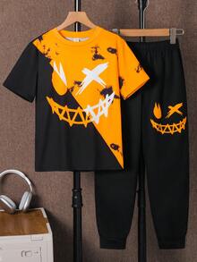 SHEIN 2件套儿童/青少年男童休闲日常舒适印花圆领宽松套头短袖T恤和长裤针织套装 - 彩色 - 查看 4