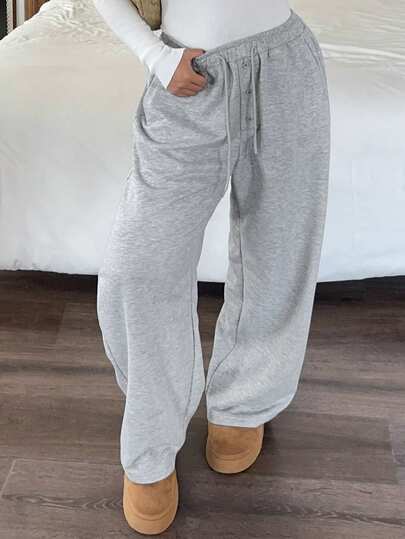 Dazy Plus 大码女式休闲弹力腰抽绳宽松直筒长款运动裤