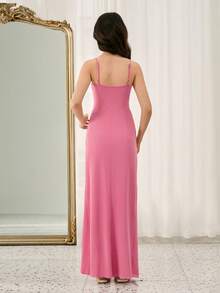 Blush Pink Elegant Formal Summer Party Bridesmaid Dress,Teens Knit Elastic Spaghetti Strap Fitted Slit 3D Floral Ruffle Midi Dress For Wedding,Prom - Pink - View 2