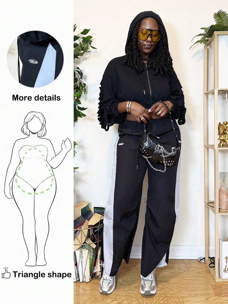 Truni Plus Size Women's Summer Concert Streetwear Going Out Color-Blocked Parachute Pants, Suitable For Autumn And Winter, For Pear Triangle Body Shape - Black - View 1