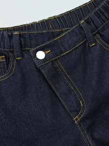 SHEIN Explorewe Quần jeans nữ tuổi teen phong cách Y2K, kiểu dáng đường phố, rách nhẹ, cạp lệch, chất liệu mềm mại, thoải mái, màu xanh nhạt, dễ phối đồ hàng ngày, mẫu mới Xuân/Hè 2025. - Rửa tối - Xem 5