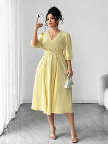 Elenzga 大码女式纯色米黄色简约系带V领灯笼袖褶皱A字中长连衣裙，适合工作、办公室、度假和浪漫场合，春秋季商务休闲优雅正式连衣裙 - 淡黃色 - 查看 6