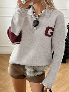 Livesso Women's Casual Letter Pattern Knitted Sweater, Autumn/Winter - Grey - View 7