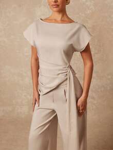 Lumalex Early Spring Asymmetric Neck Ruched Cinching Waist Tie Loose Straight Leg Women's Suit Set PreSpring Vacation Birthday Outfits Wedding VDayGiftGuide RomanticVDayOutfit Guest Wedding VDayGiftGuide RomanticVDayOutfit Party Summer Holiday Beach Outfits Luxury Look LuxeLooks QuietLuxe Prom Gathering Party Banquet Modest Old Money Coquette Rave Festival Richly Layered Party - Khaki - View 8