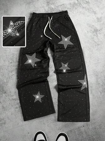Pantalones de chándal rectos y holgados para hombres con diseño de estrellas de diamantes brillantes