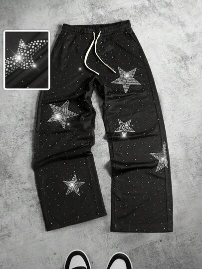 Pantalon de survêtement ample à jambe droite pour hommes avec design d'étoiles scintillantes en diamant
