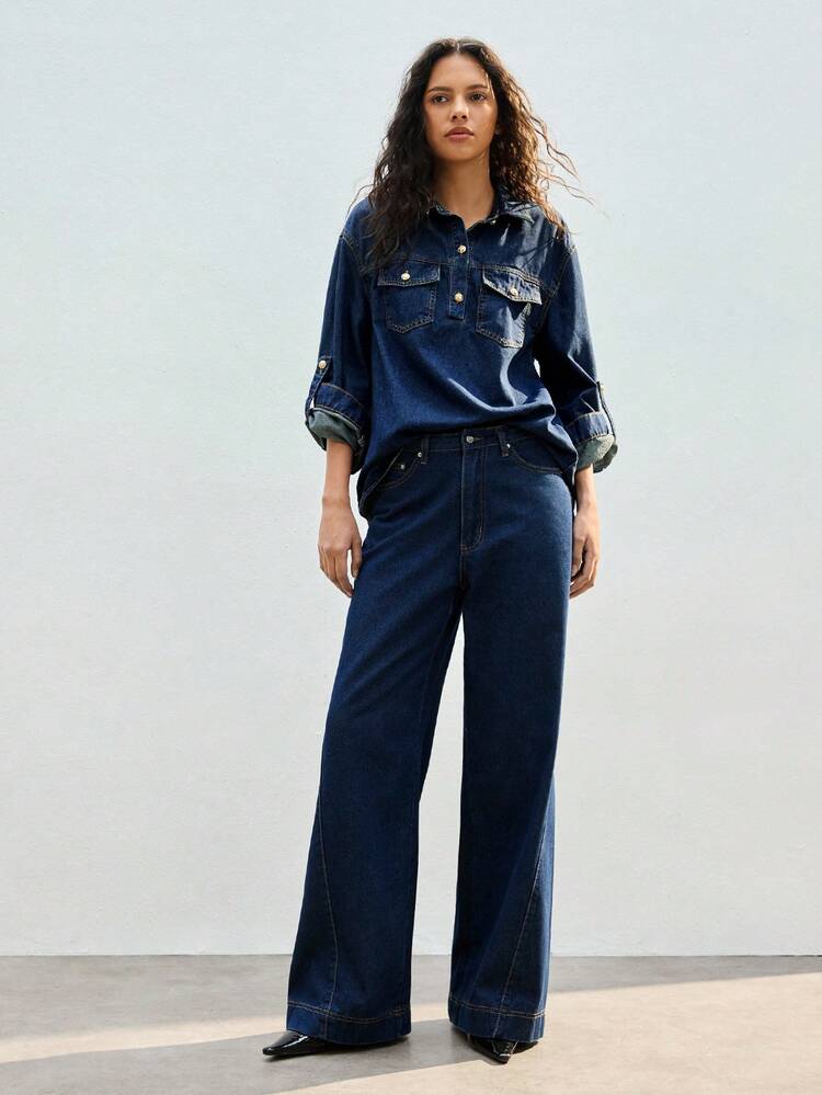 SHEIN Maija Women's Raw Denim Long-Sleeved Shirt With Gold Metal Buttons Autumn/Winter Old Money Style Casual For Women