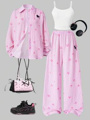 SHEIN Casuvi Kids 三件套少女春秋季时尚套装：舒适白色吊带背心，饰有粉色蝴蝶结条纹印花；长袖翻领衬衫，饰有小马印花；松紧腰阔腿裤。适合日常穿着和居家休闲。