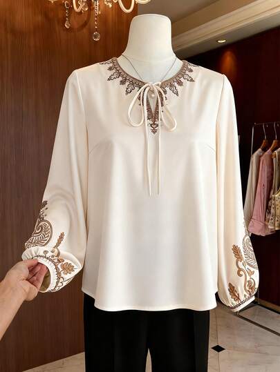 SHEIN Franclia 女士几何印花扭结前襟优雅长袖衬衫