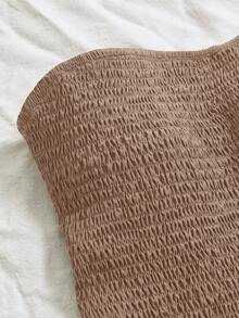 Sweetra Navy Blue Vacation Style Pleated Sleeveless Halter Sexy Cinched Waist Hollow Embroidered Ruffle Hem Elegant Dress - Camel - View 5