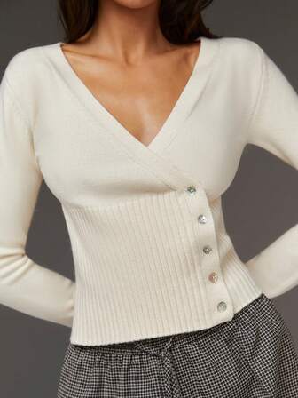 Athîral V-ringad enkelknäppt stickad kofta för kvinnor