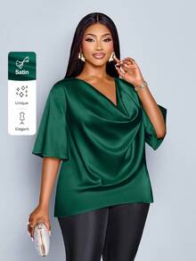 SOLERSUN Christmas Plus Size Women's Fashionable Solid Color Elegant Mock Neck Stylish And Sophisticated Batwing Sleeve Blouse Summer - Dark Green - View 6