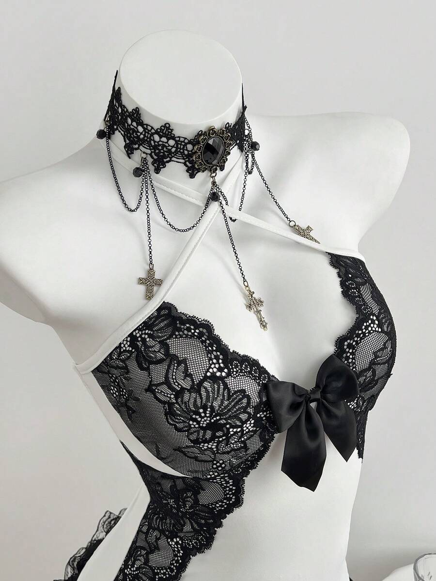 Elamini Women's Autumn Lace Patchwork Minimalist Bow Decor Camisole - White - View 1