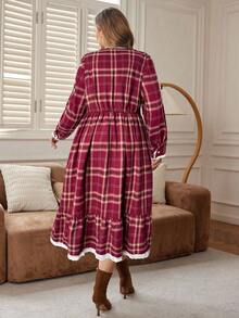 EMERY ROSE Plus Size Women's Vintage Elegant Plaid Print Contrast Lace Trim Waist Midi Dress, Spring/Autumn - Red - View 2