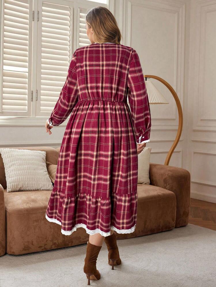 Plus Size Women's Vintage Elegant Plaid Print Contrast Lace Trim Waist Midi Dress, Spring/Autumn