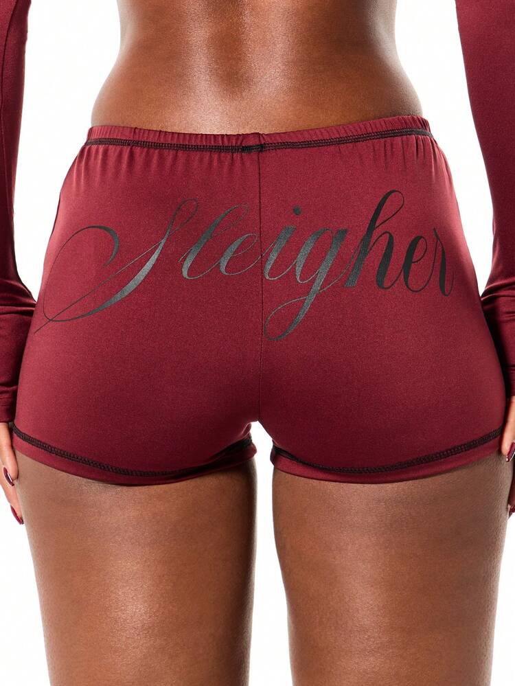 SUMWON WOMEN Christmas Burgundy Booty Shorts With Script Back Print High Rise Mini Fitness Lounge