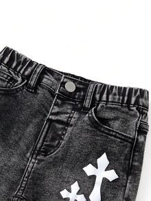 男童休闲牛仔套装，时尚百搭四季皆宜白色印花水洗牛仔套装，黑灰色 - 黑色 - 查看 7