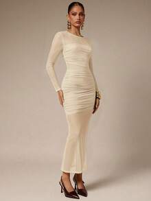 Silquee Women's Solid Color Mesh Patchwork Ruffle Long Sleeve Dress - Apricot - View 5