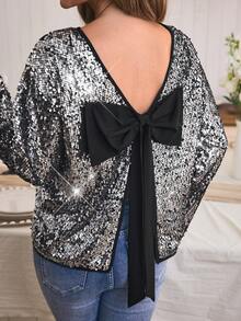 Louniche Women's Autumn/Winter Casual Sequin Embellished Bow Decor Reversible Long Sleeve Shirt, Suitable For Party And Home Wear - Multicolor - View 4