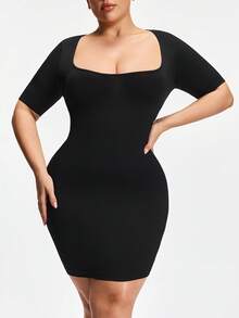 SHAPORA Women's Seamless Short Sleeve Tummy Control Bodycon Dress, Can Be Worn As Plus Size Shapewear Slip Dress, Basic Shaping Skirt For Everyday Wear, Commuting And Home - Black - View 4