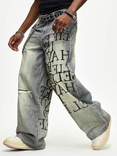 بنطلون جينز رجالي فضفاض واسع الساق مطبوع عليه حرف