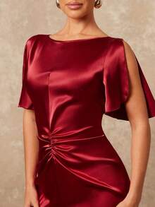 Lumalex Early Satin Sheen V-Neck Ruffle Hem Short Sleeve Gathered Straight Dress For Women Luxury NewYearNewLook QuietLuxe Prom Gathering Party Banquet Modest Old Money Glitter Holiday Party Rave Festival Outing Vacation Hot Outdoor Richly Layered Wedding Season Banquet ID Al-Adha Al-Adha Party New Year Looks Of Party Party Dress For Autumn Rehearsal Dinner Dress Regular Size Women Dress Reception Gown Elegant Dresses For Ladies Special Occasion Women Dress Formal - Red - View 8