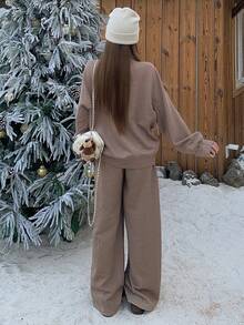 DAZY Women's Solid Color Minimalist Crew Neck Long Sleeve Top And Pants 2-Piece Set Lounge Sets For Women - Brown - View 6