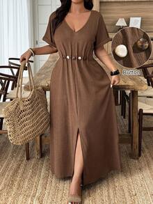 Weeklong Plus Size Women's Beaded Decor Waist Cinched A-Line V-Neck Casual Dress, Spring/Summer Brown Maxi Dress Coffee Brown Dress Linen Maxi Dress - Brown - View 1