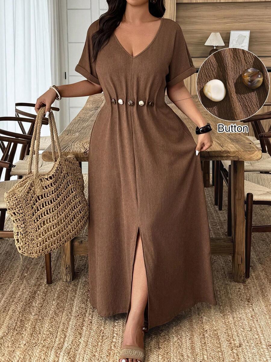 Weeklong Plus Size Women's Beaded Decor Waist Cinched A-Line V-Neck Casual Dress, Spring/Summer Brown Maxi Dress Coffee Brown Dress Linen Maxi Dress - Brown - View 1