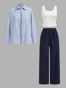 SHEIN LUNE 女士休闲条纹衬衫和裤子三件套/组 冬季女装 休闲套装 两件套 工作服 夏季休闲装 - 彩色 - 查看 14