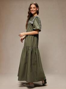 WESTFADE 航海风刺绣领结泡泡袖100%纯棉府绸层叠中长连衣裙，适合秋季、冬季穿着，休闲可爱，适合度假，波西米亚风 - 軍綠色 - 查看 5