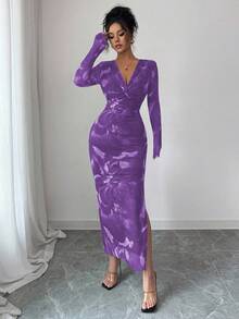 Elenzga Women's Elastic Mesh Floral Pattern Dress, Chic And Feminine Design With Criss-Cross Twist V-Neck, Bodycon Silhouette And Slit, Suitable For Daily Commute, Dates, Parties And Gatherings - Purple - View 3
