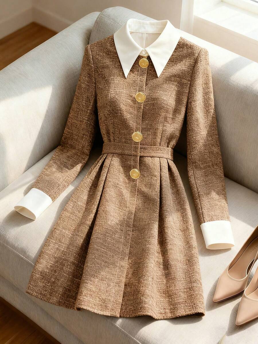 GlowEve 优雅撞色领腰褶短款连衣裙 - 卡其色 - 查看 1