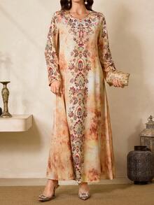 Al Najma Women's Spring/Autumn Vacation Style Floral Print Long Sleeve Loose Turkish/Arabic Traditional Long Dress Kaftan Jalabiya Dress - Yellow - View 2