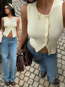 SHEIN EZwear Áo hai dây dệt kim màu trơn tối giản dành cho nữ, thích hợp mặc hàng ngày, mùa hè - Màu vàng - Xem 1