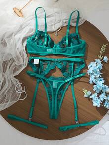 5pcs Women's Romantic Sheer Embroidered Mesh Underwire Lingerie Set