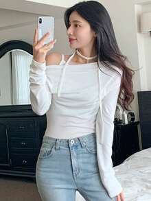DAZY Women's 2 In 1 Spaghetti Strap Off-Shoulder T-Shirt Long Sleeve - White - View 7