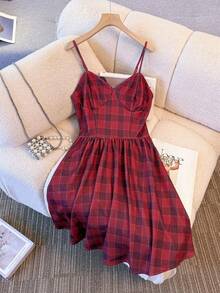 Rafferiza Váy ngắn hai dây kẻ caro thanh lịch dành cho nữ, trang phục dự tiệc và ngày lễ - Đỏ - Xem 6