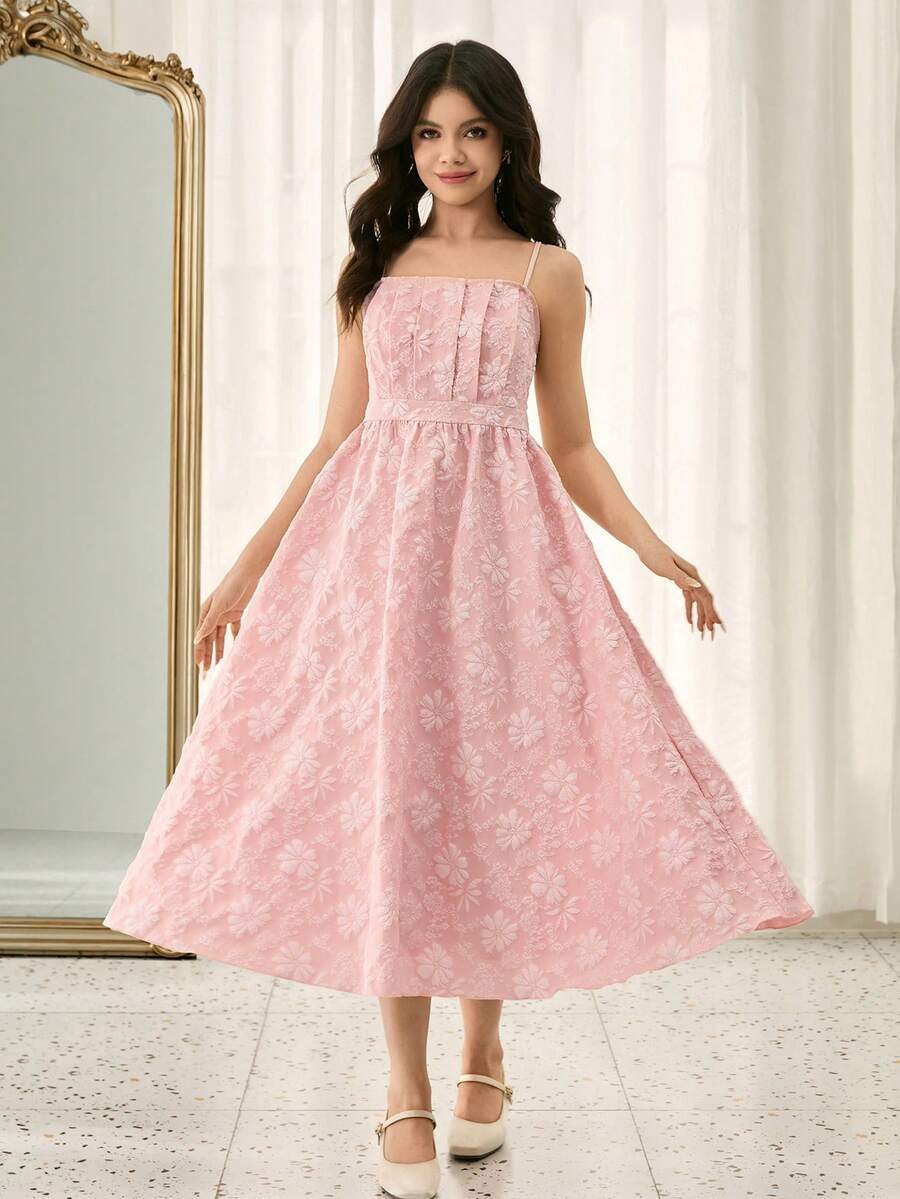 Vestido midi de línea A con bajo asimétrico y textura de tela jacquard, adecuado para bodas, bailes de graduación, fiestas de cumpleaños, aniversarios, Día de San Valentín - Rosa - Ver 1