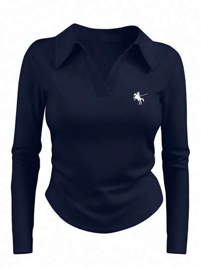 INAWLY 通勤修身翻领印花撞色褶皱休闲性感长袖女式T恤