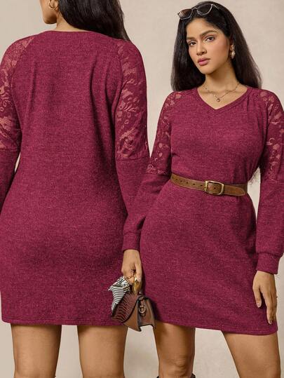 Zelara Plus Size Women's Vintage Coin Pattern V-Neck Lace Patchwork Sheer Sleeve Fitted Dress, No Belt Included, Spring/Autumn